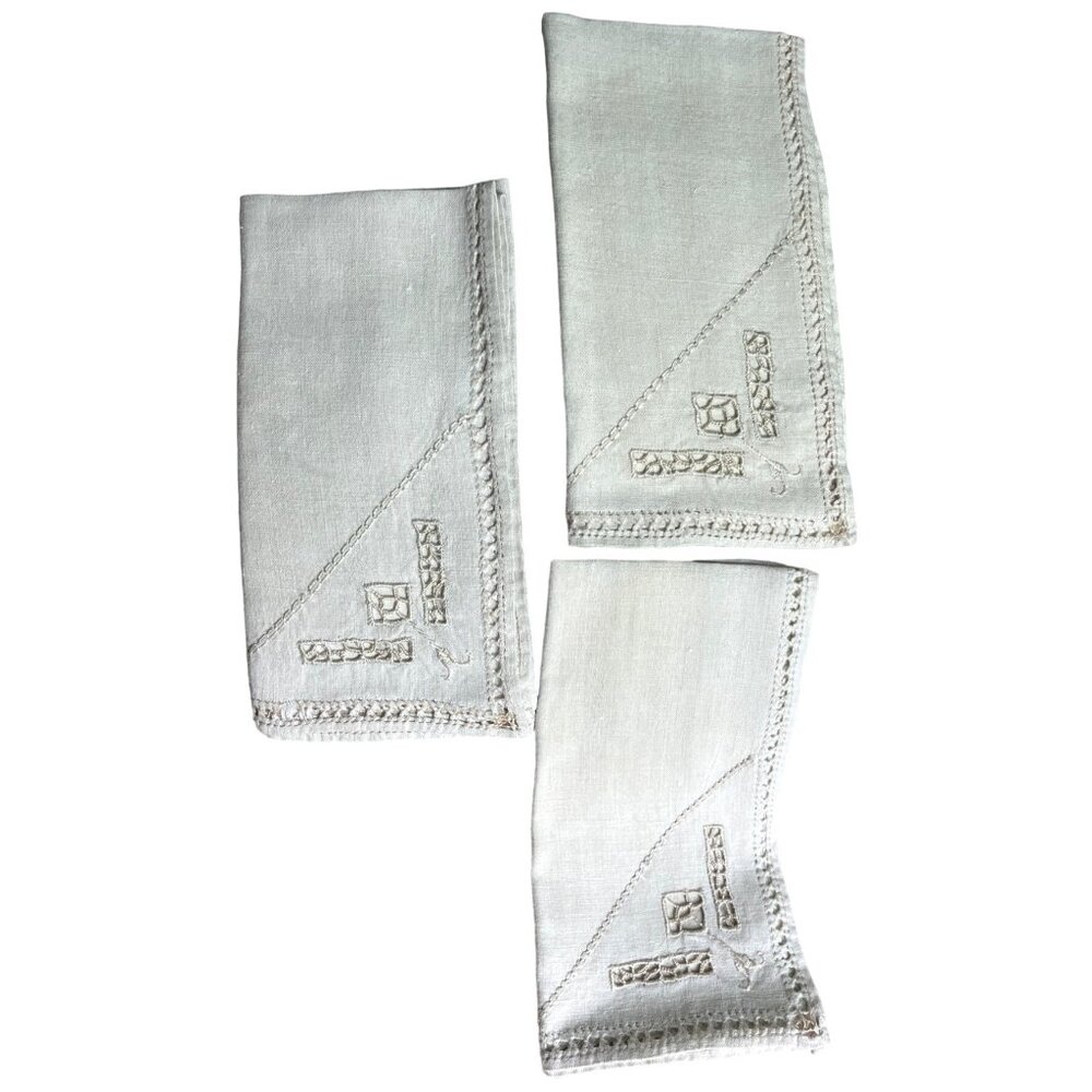 Linen Dinner Napkins Ecru Cutout Hemstitch Vintage Cottage Shabby Set of 3